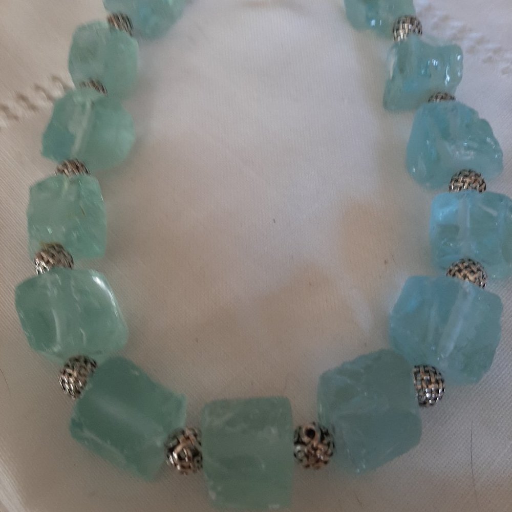 Aqua Blue Chunky Glass Bead Necklace - Unbranded